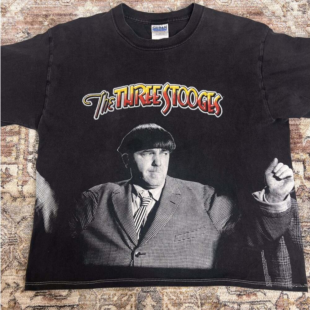 Vintage Three Stooges Moe Curly Larry Big Print Tee Black L